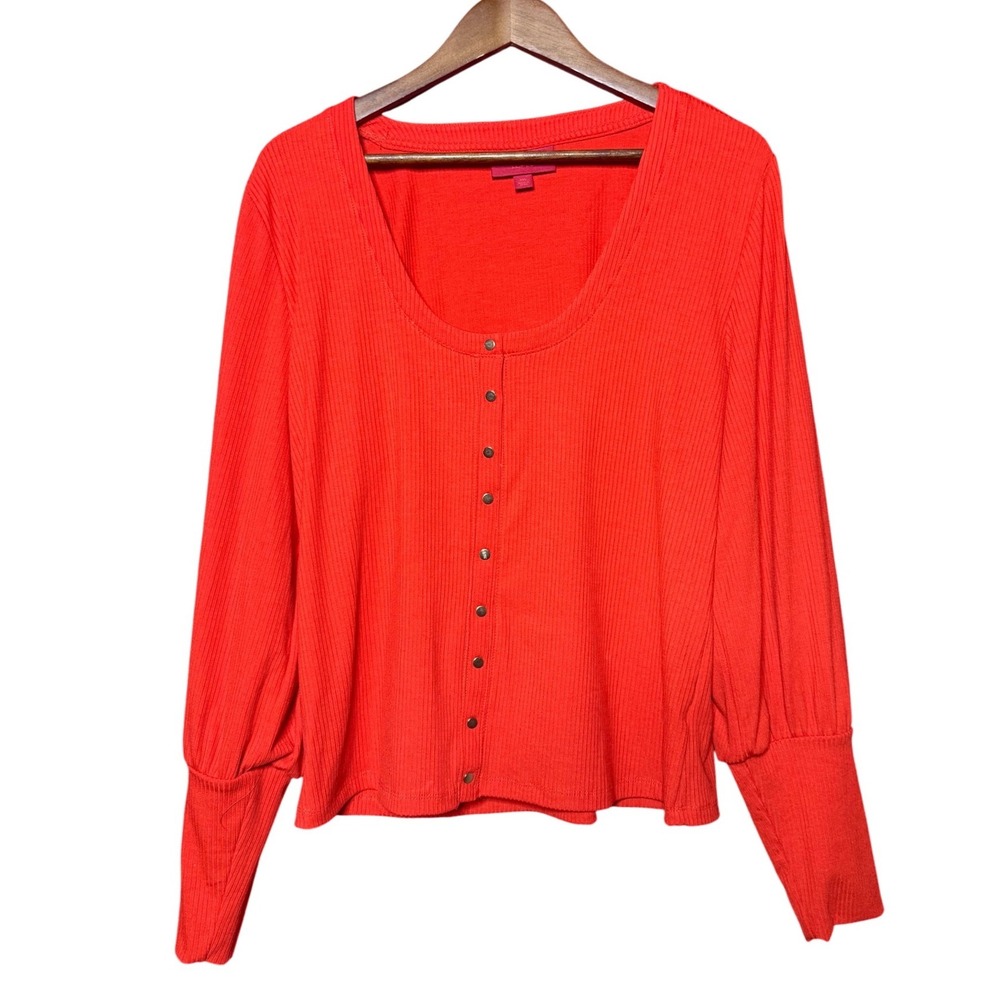Jennifer Lopez Women XXL Orange Red Ribbed Snap Front Balloon Sleeve Top